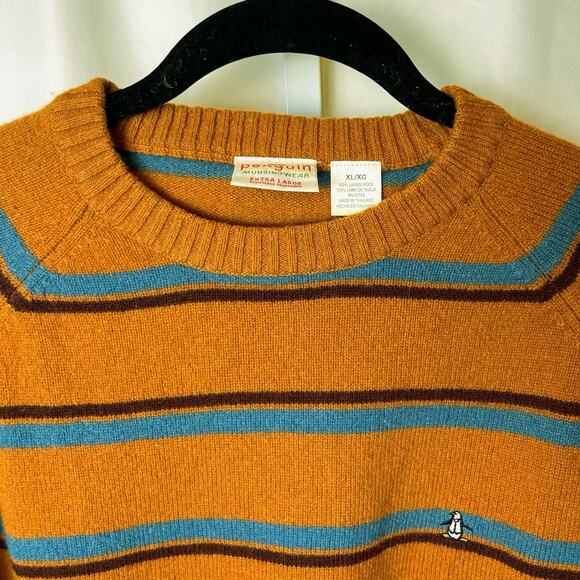 Penguin Munsingwear Sweater Mens XL Burnt Orange Striped Lambs Wool Preppy Retro - Picture 4 of 7